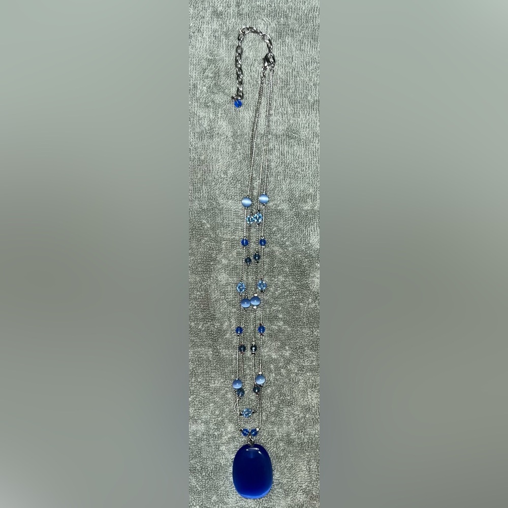 Blue Cats Eye & Silver Beaded Necklace w/ Sapphire Pendant Necklace Great Cond.